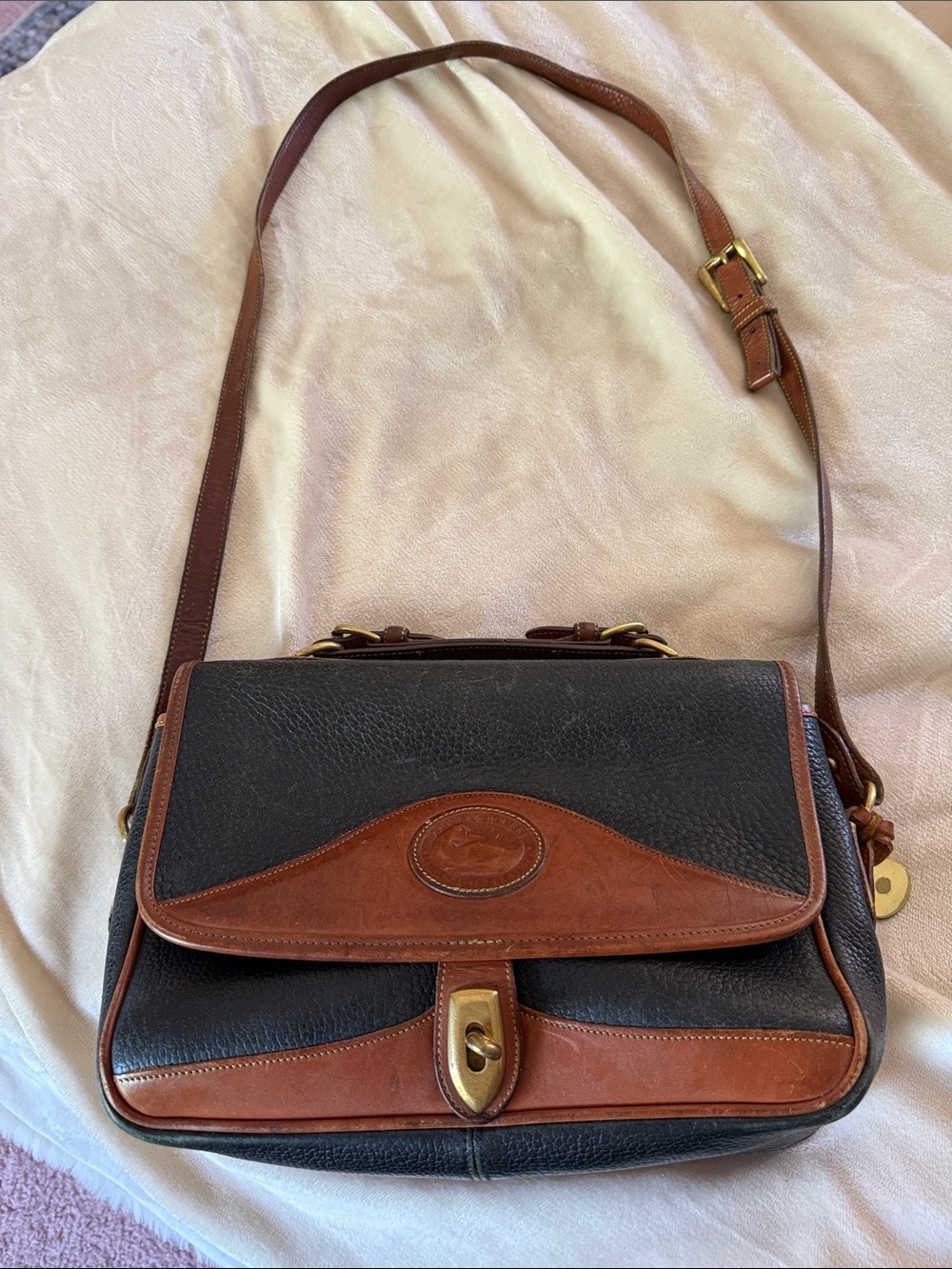 Dooney & Bourke Black and Brown Pebbled Leather Crossbody Satchel